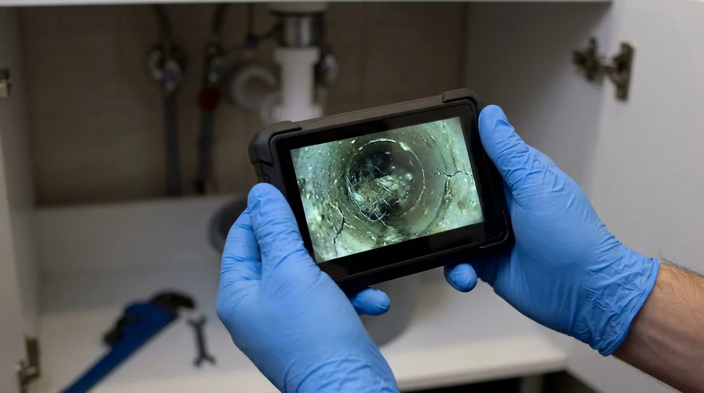 Mains gantées tenant l'écran d'une caméra d'inspection qui montre l'intérieur fissuré d'une canalisation, sous un évier