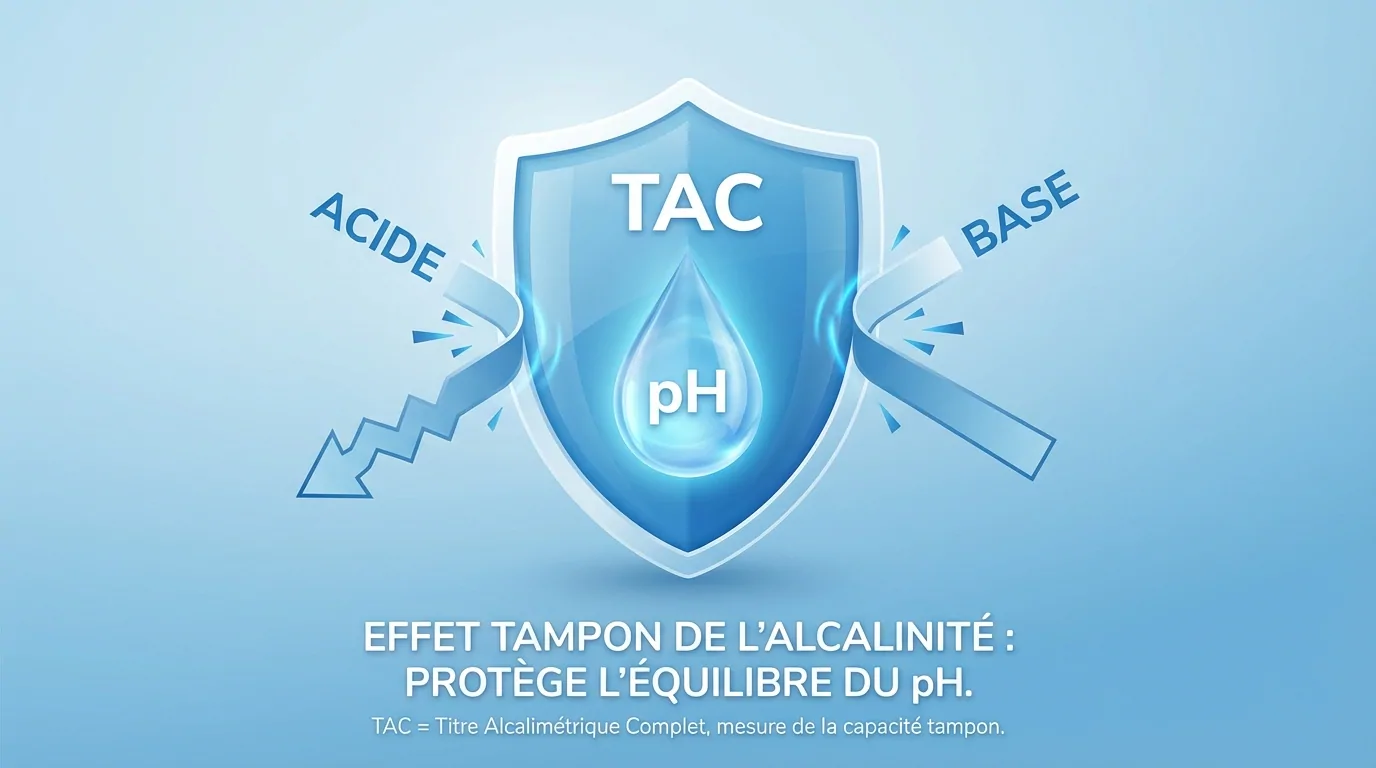 Bouclier marqué TAC protégeant une goutte de pH des flèches acide et base, pour figurer l'effet tampon de l'alcalinité