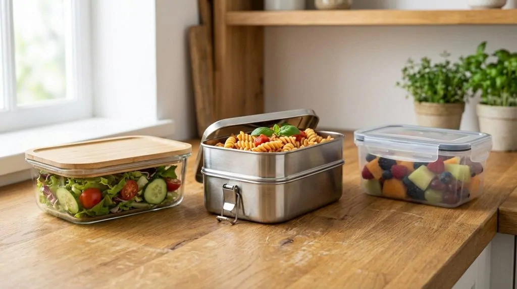 Salade dans une boîte en verre à couvercle en bambou, pâtes dans une gamelle en inox et fruits dans une boîte en plastique