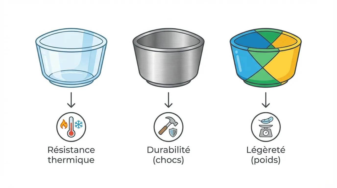 Bols en verre, en inox et en plastique coloré associés à leur atout : résistance thermique, durabilité aux chocs et légèreté