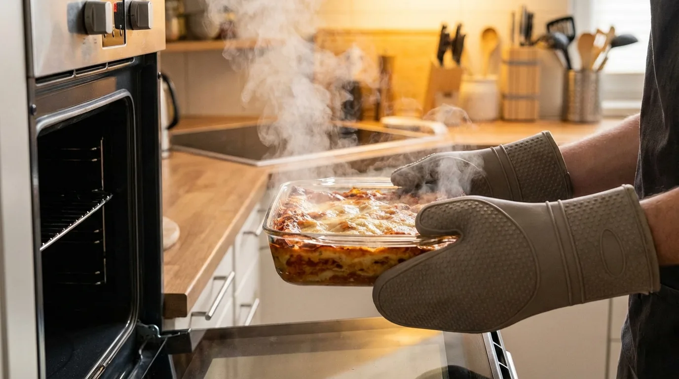 Mains en maniques de silicone sortant du four un plat en verre de lasagnes fumantes, près d'un plan de travail en bois