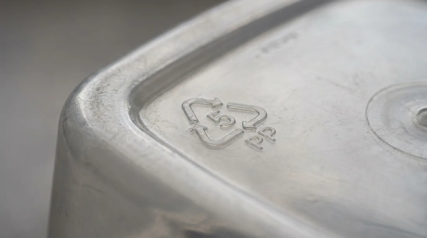 Code de recyclage 5 PP gravé sous une boîte en plastique alimentaire