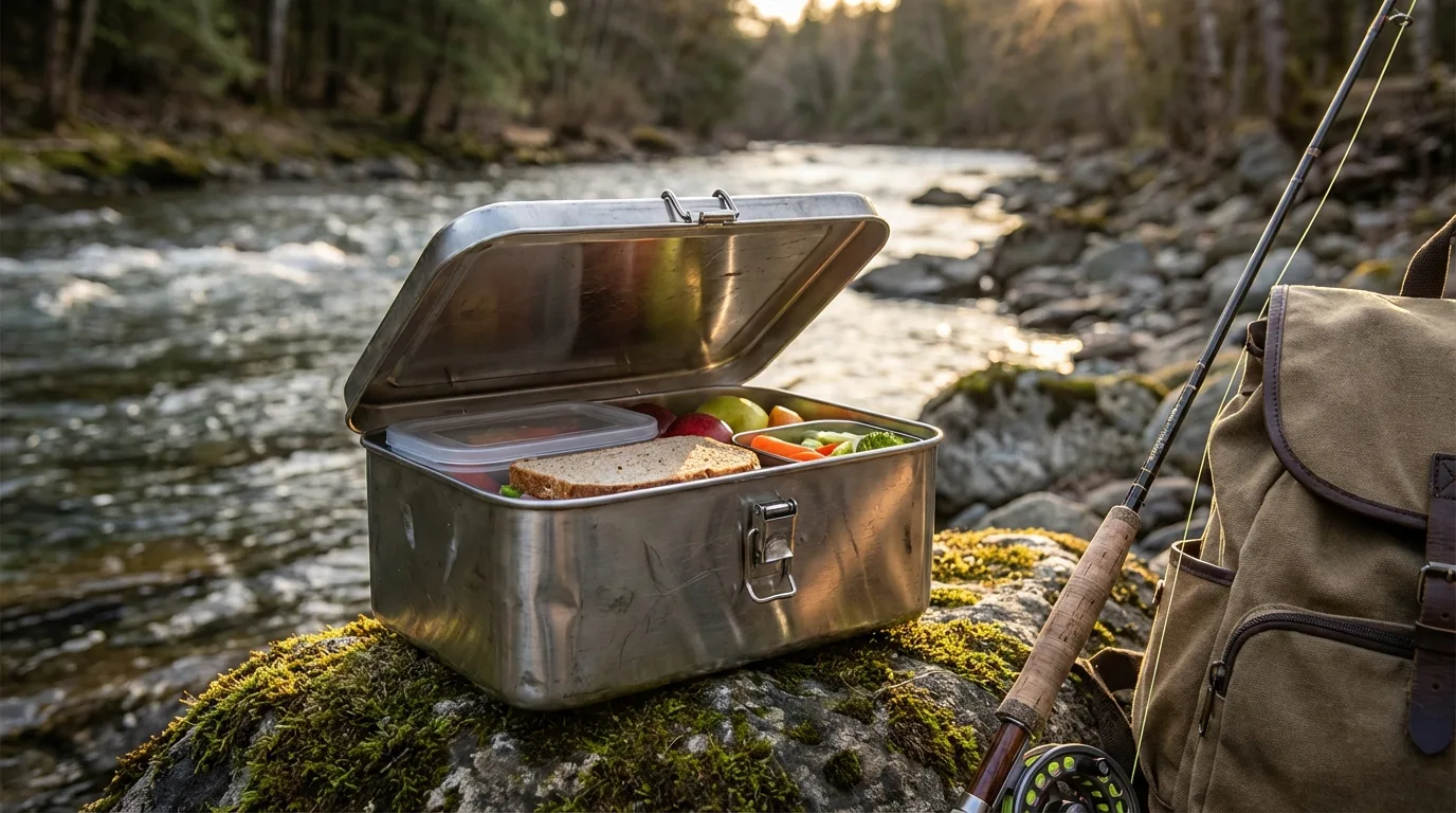 Boîte repas en inox ouverte avec un sandwich, sur un rocher moussu au bord d'une rivière, près d'une canne à pêche