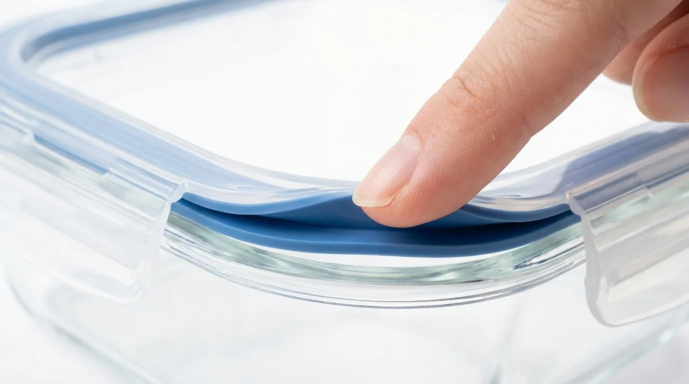Doigt pressant le joint en silicone bleu du couvercle à clips d'une boîte de conservation en verre