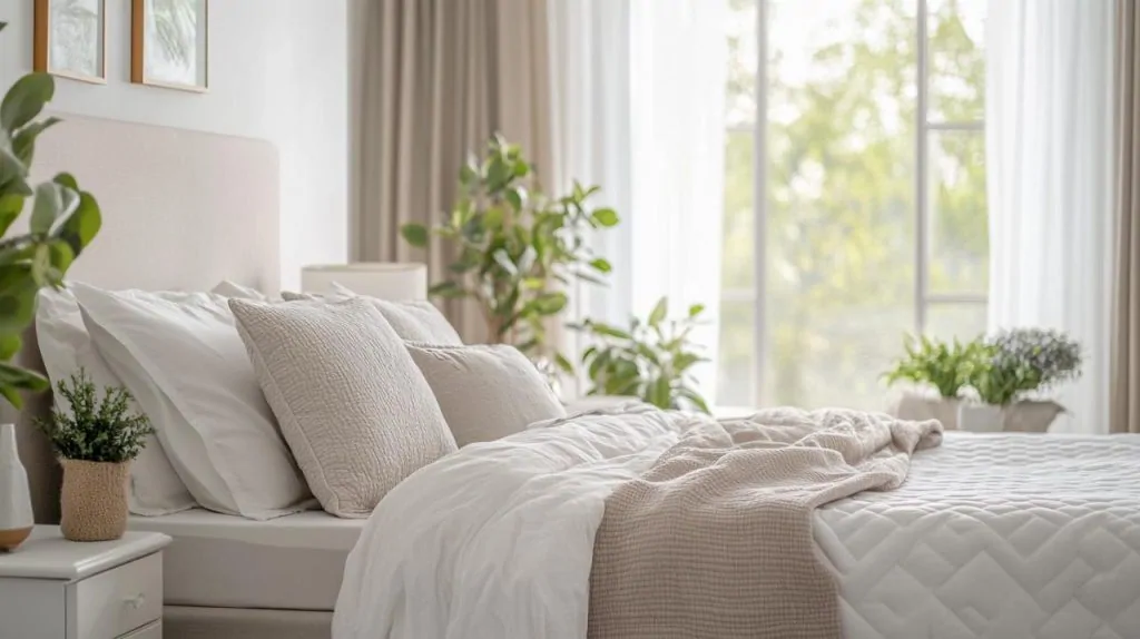 Grand lit à la literie blanche et plaid beige dans une chambre lumineuse ornée de plantes, devant une large fenêtre