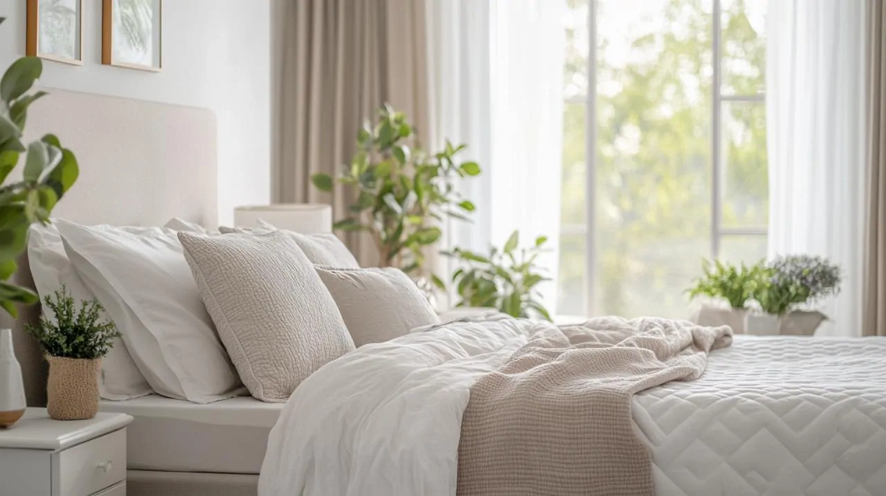 Grand lit à la literie blanche et plaid beige dans une chambre lumineuse ornée de plantes, devant une large fenêtre