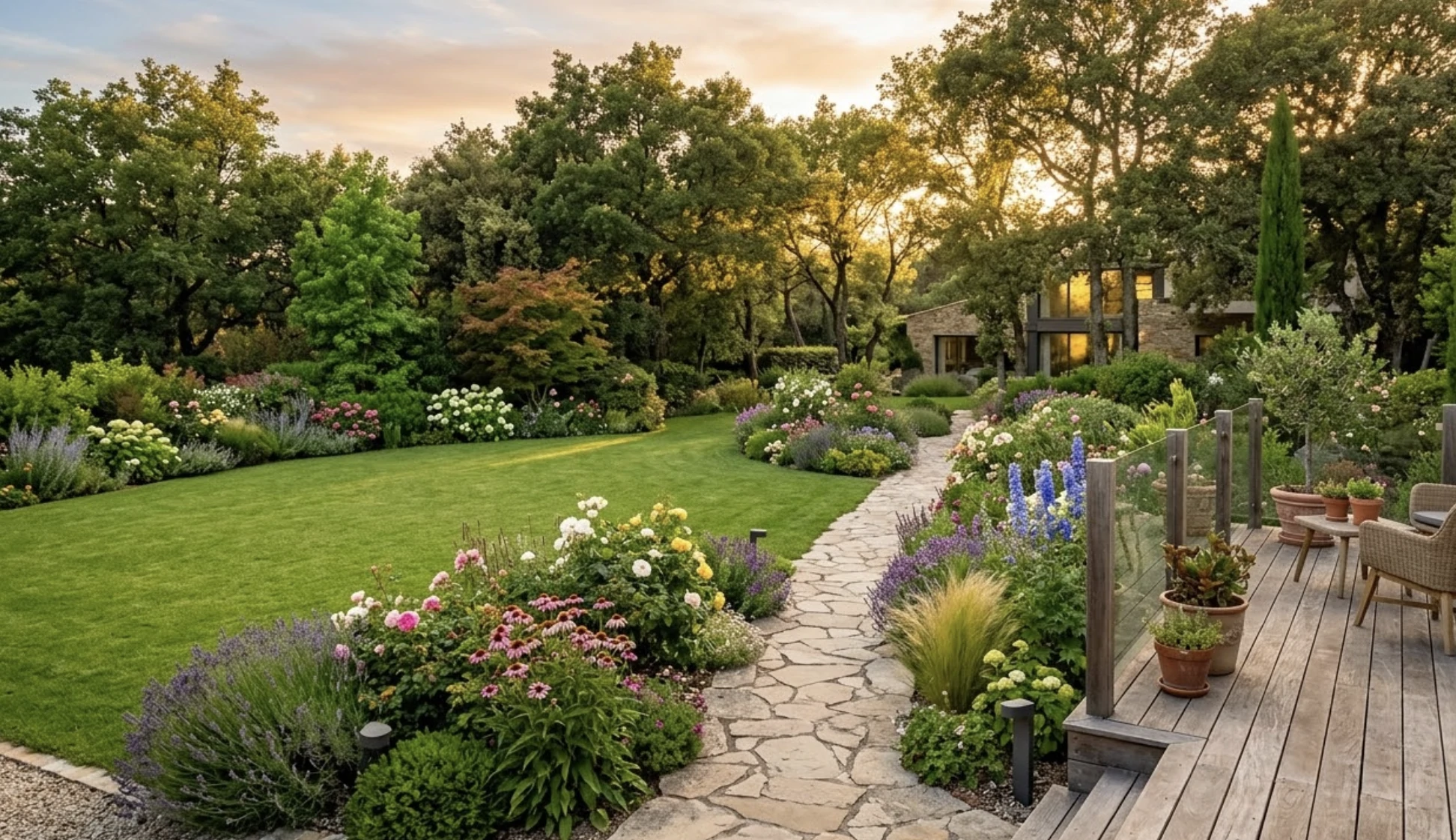Aménagement de jardin Jardin paysager avec pelouse, allée en pierres plates bordée de massifs fleuris et terrasse en bois meublée au couchant