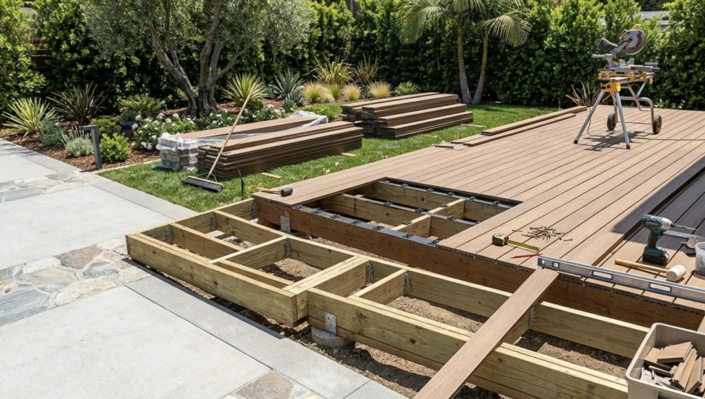 Terrasse en cours de pose : lames brunes vissées sur une ossature de lambourdes en bois, scie à onglet et visseuse à côté