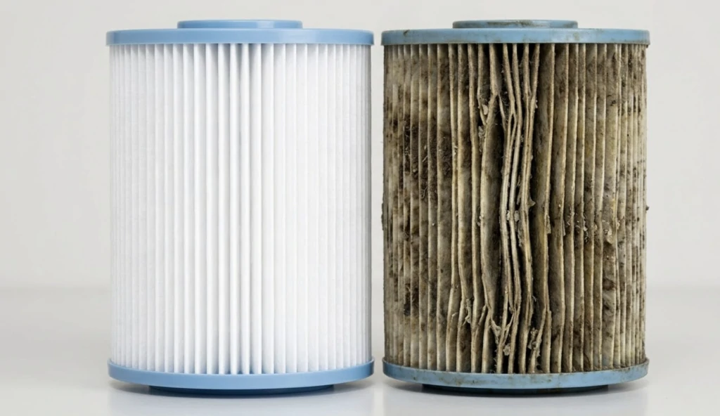 Cartouche filtrante de spa neuve et blanche posée à côté d'une cartouche identique encrassée et brunie