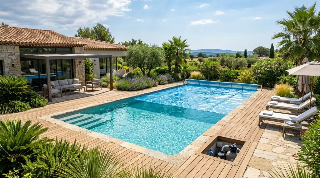 Piscine extérieure luxueuse partiellement recouverte d'une bâche à bulles bleue sous un soleil éclatant