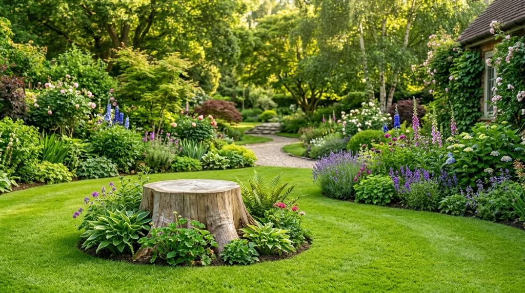 Jardin bien entretenu avec une souche d'arbre sans rejets