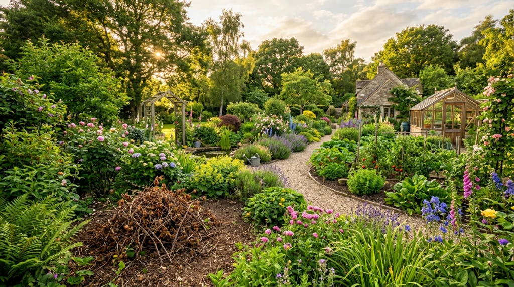 Tas de ronces coupées au bord d'un jardin fleuri avec allée en gravier, serre et massifs de lavande au coucher du soleil