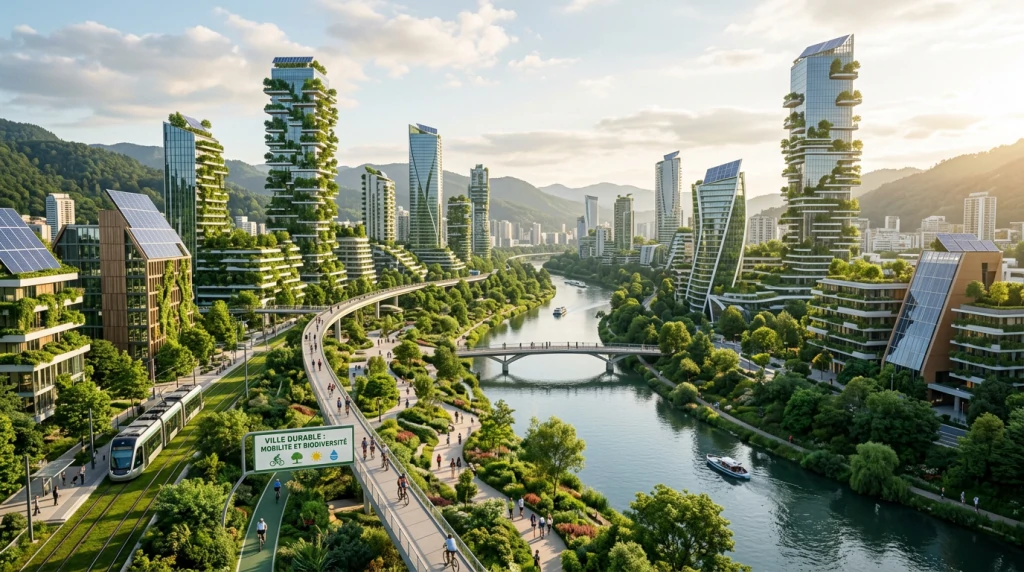 Ville au bord d'une rivière avec des tours couvertes de forêts verticales, des toits solaires et une passerelle végétalisée