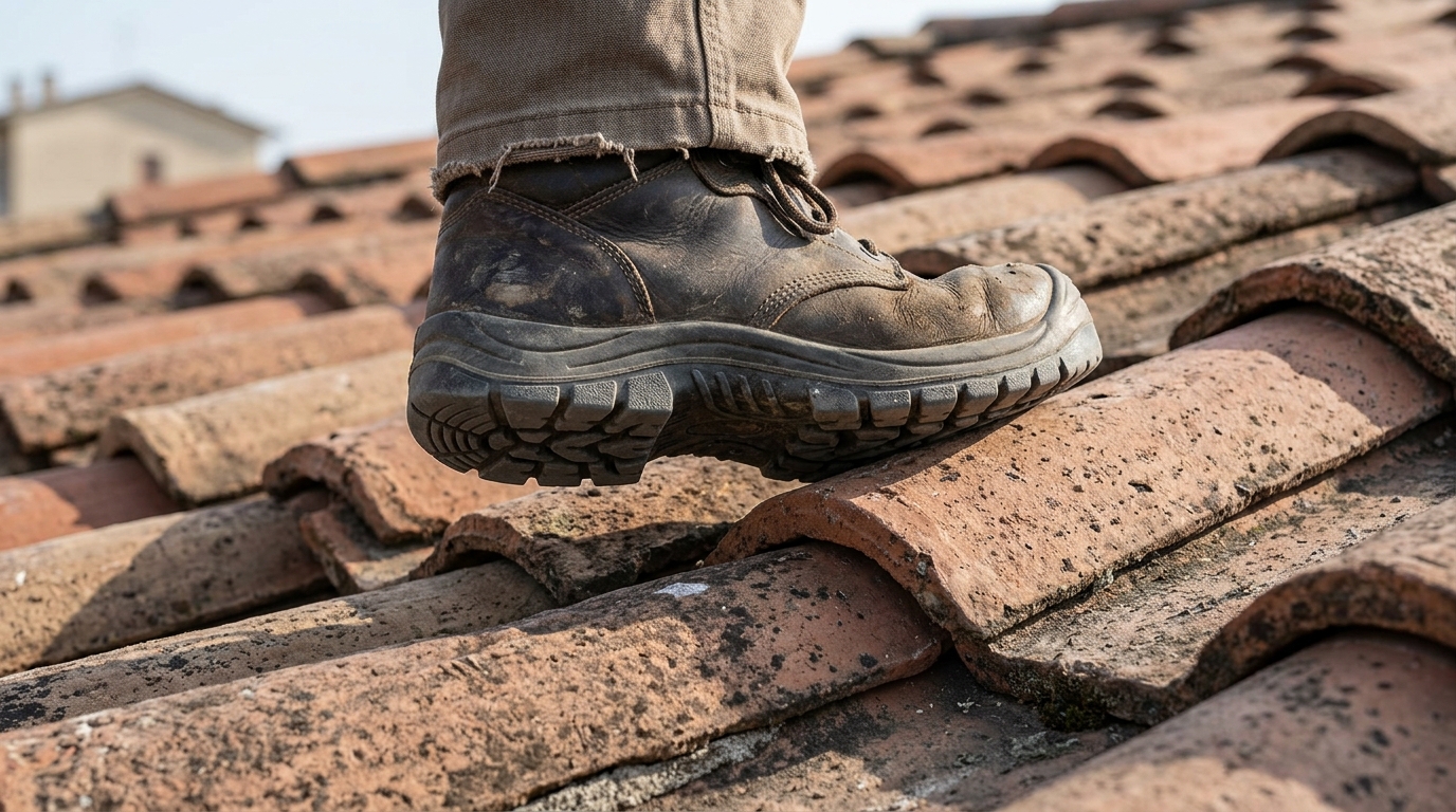 Gros plan sur des chaussures de sécurité antidérapantes posées en diagonale sur des tuiles