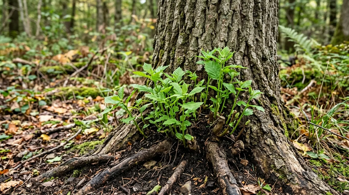 Gros plan sur des drageons émergeant des racines d'un arbre