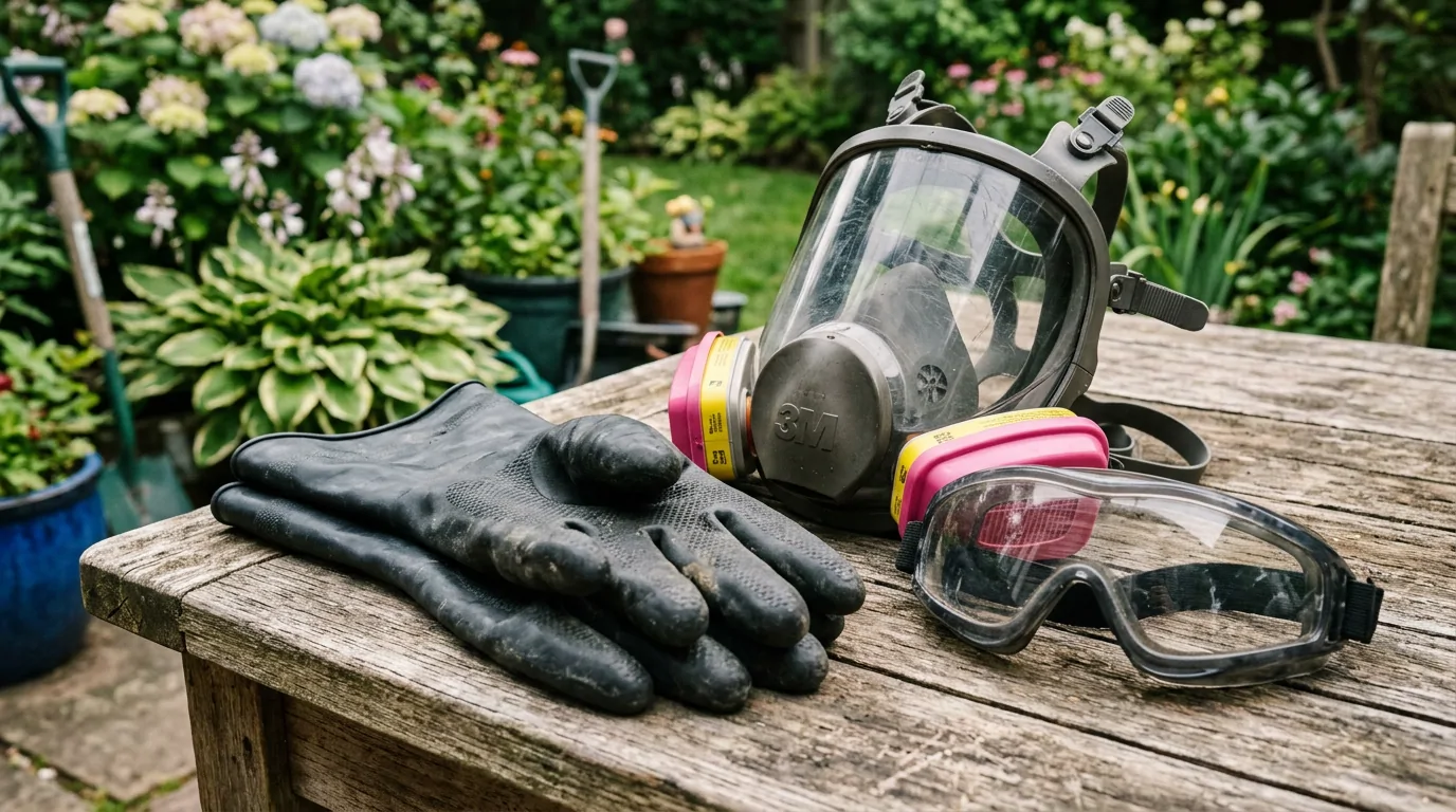 Masque respiratoire 3M à cartouches roses, gants en caoutchouc noir et lunettes de protection posés sur une table de jardin