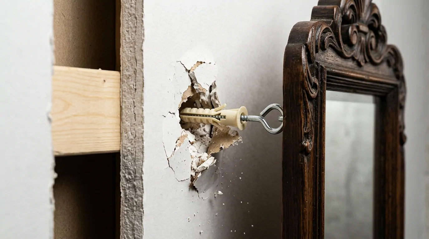 Cheville plastique à crochet arrachée d'une plaque de plâtre éventrée, à côté d'un miroir ancien en bois sculpté