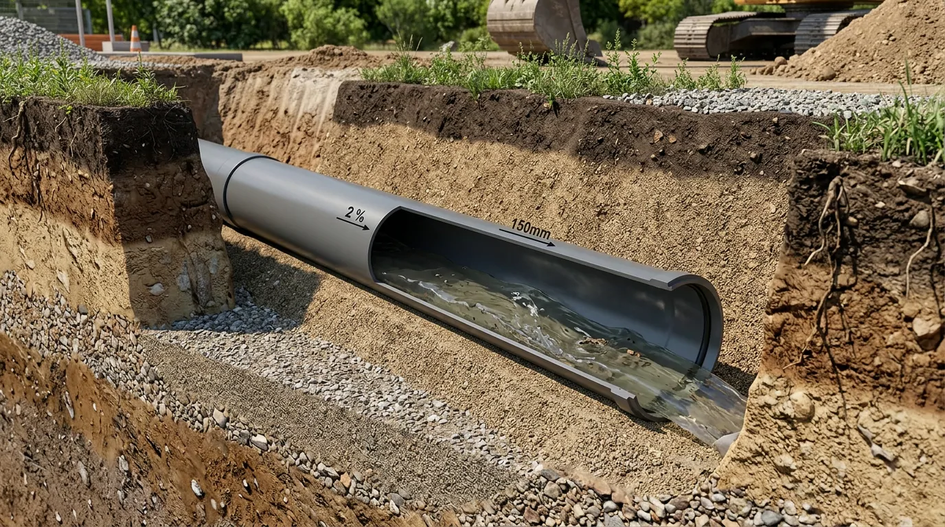 Vue en coupe d'une tranchée avec canalisation de 150 mm posée sur gravier selon une pente de 2 %, eau en écoulement