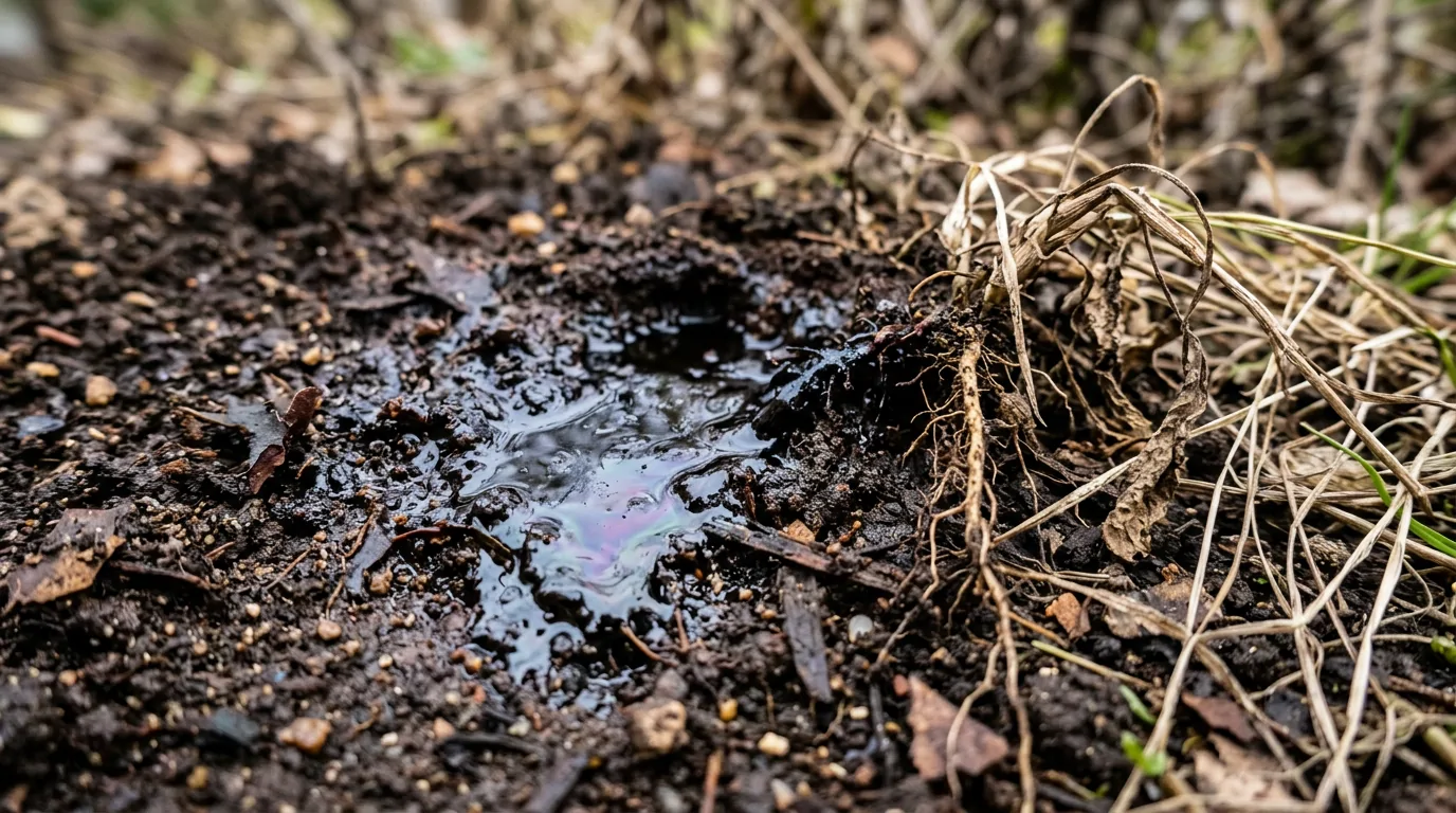Flaque de gasoil aux reflets irisés imprégnant une terre sombre au pied de racines et d'herbes sèches