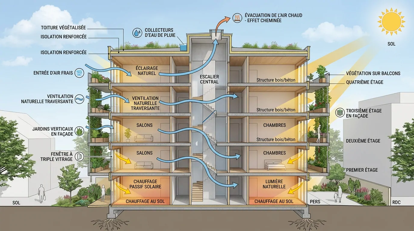 Coupe d'un immeuble bioclimatique : ventilation traversante, effet cheminée, toiture végétalisée et chauffage solaire passif