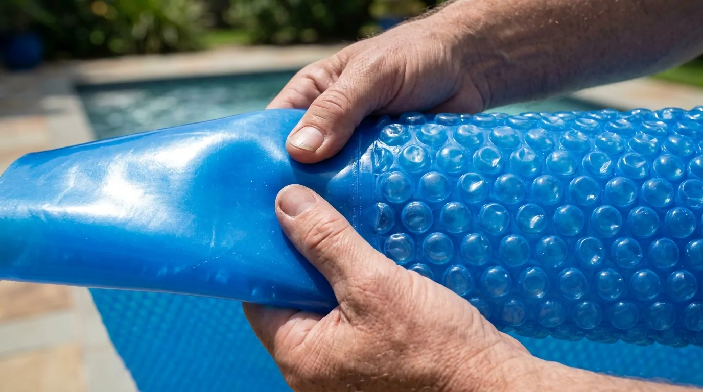 Mains tenant une bâche à bulles pour identifier la face lisse et la face alvéolée