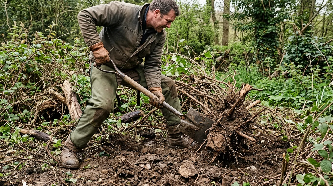 Jardinier arrachant des racines de ronces avec une bêche