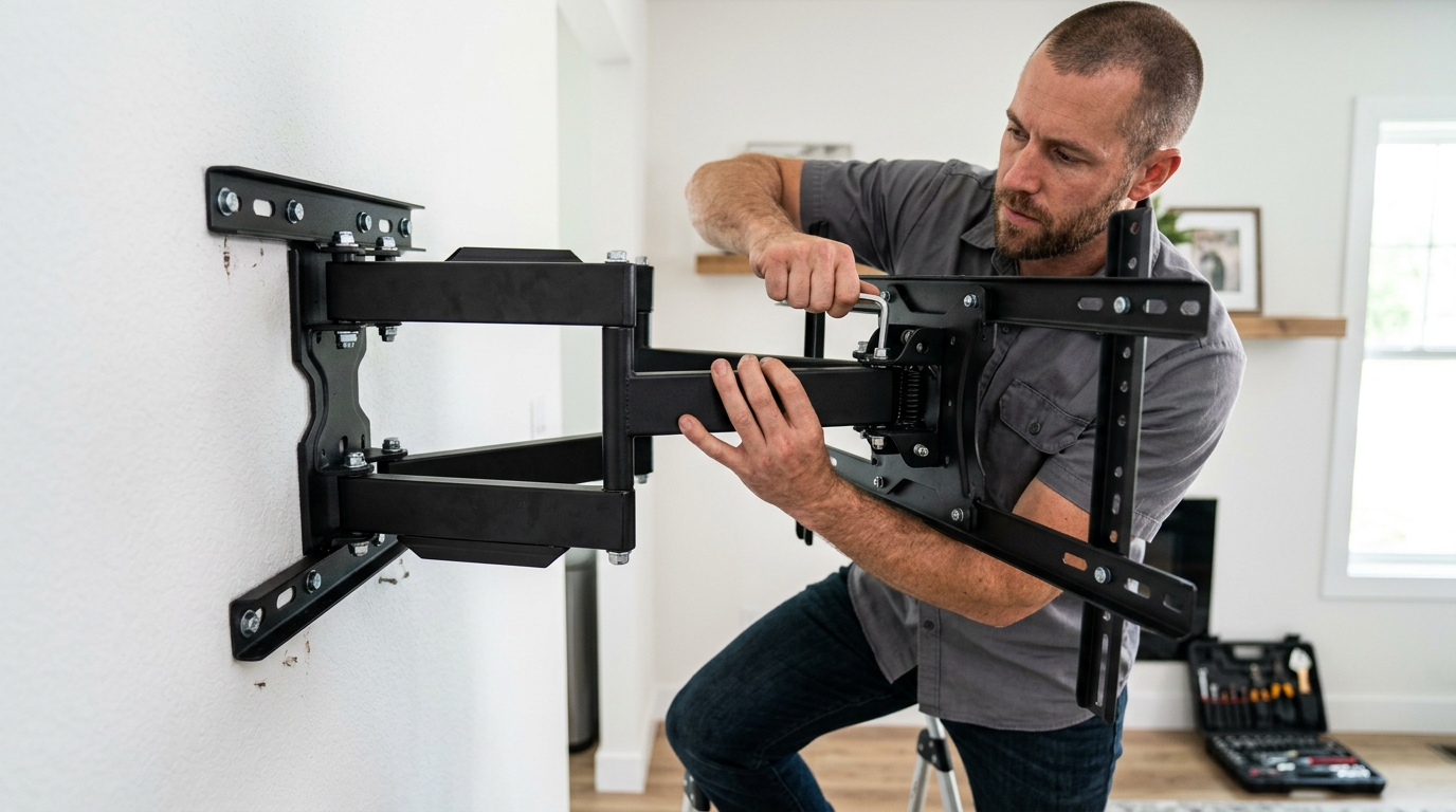 Réglage d'un support TV articulé illustrant la charge dynamique sur le placo