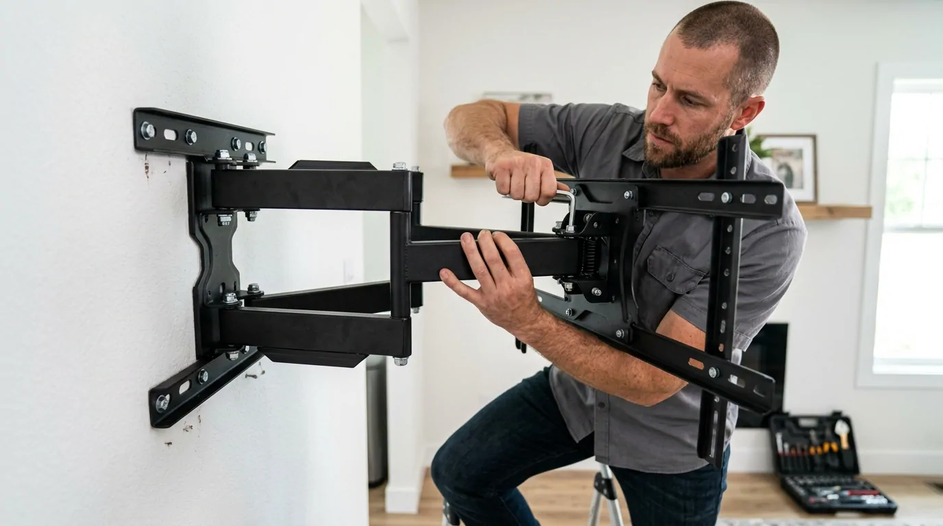 Homme réglant le bras d'un support TV articulé noir vissé au mur, mallette à outils posée au sol derrière lui