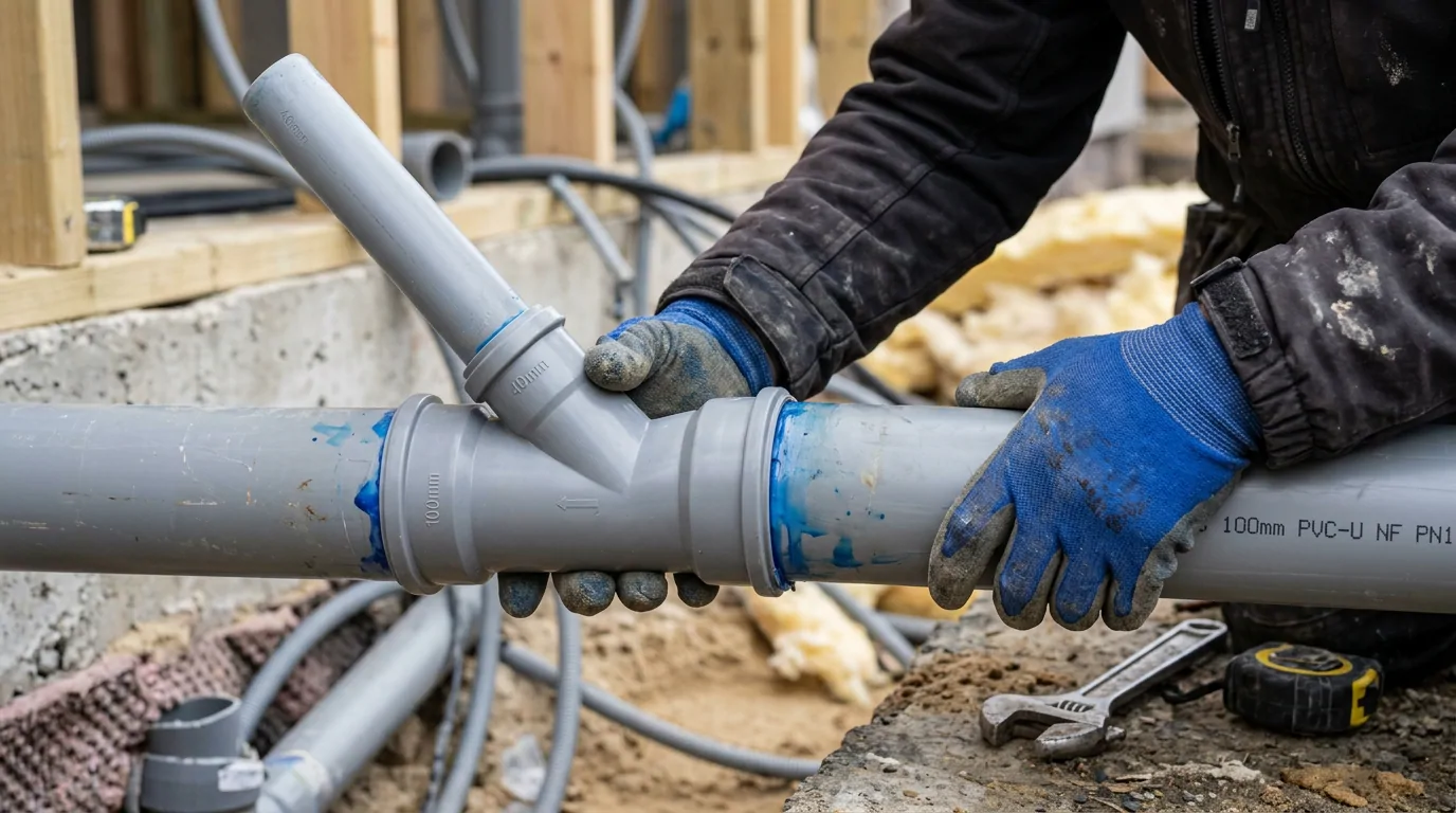 Mains gantées raccordant une culotte de branchement sur un tuyau d'évacuation PVC-U de 100 mm, clé et mètre à côté