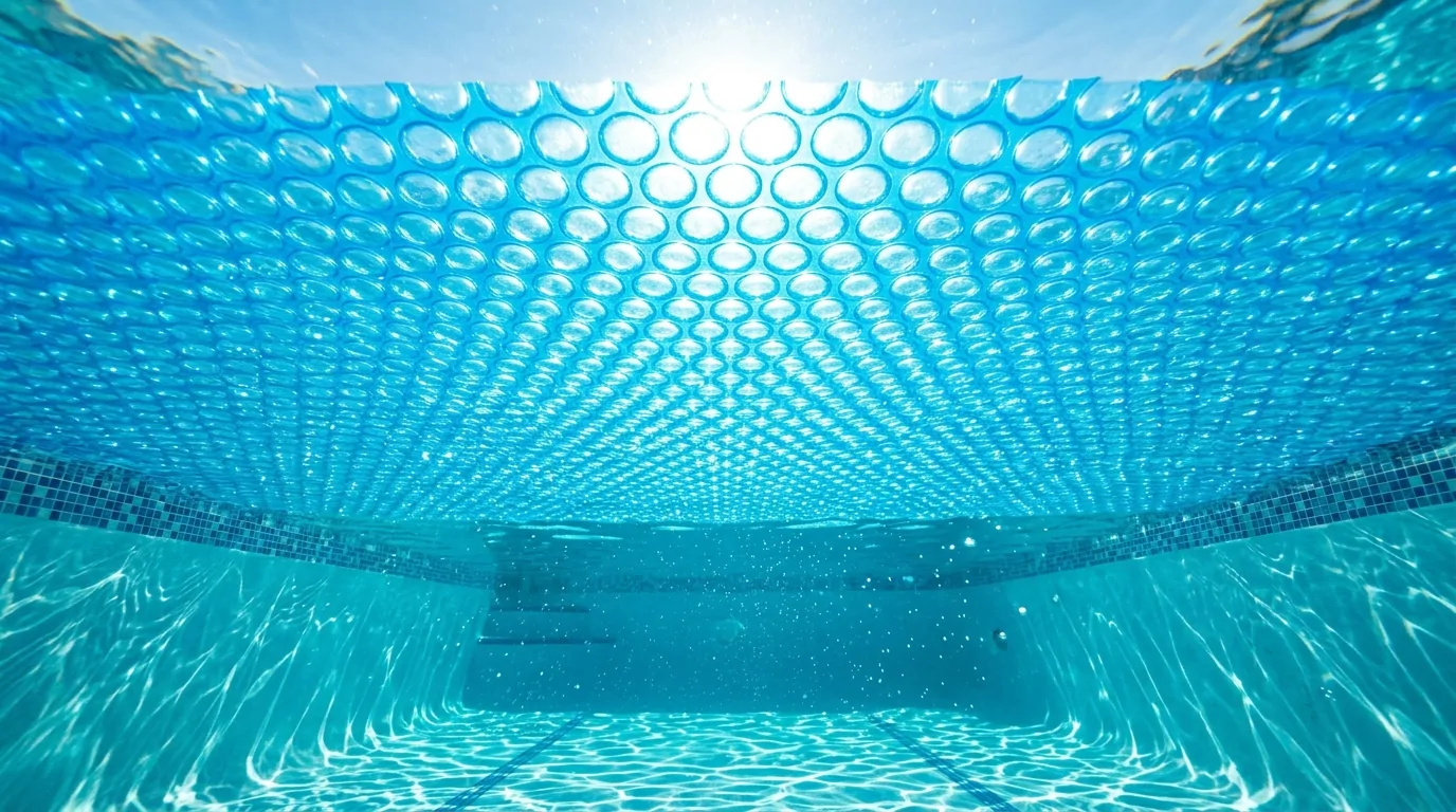 Vue sous l'eau d'une bâche à bulles bleue flottant à la surface d'une piscine, traversée par les rayons du soleil