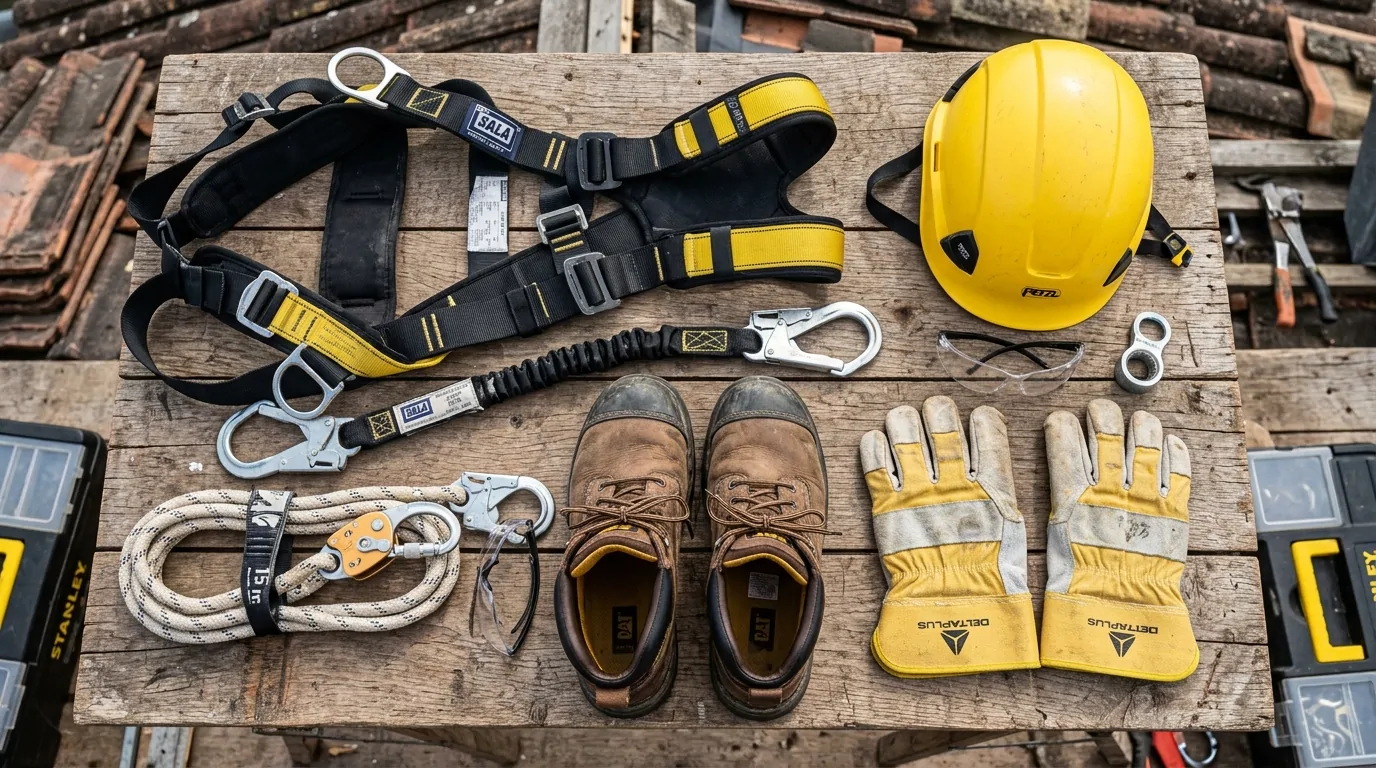 Équipement de protection individuelle pour couvreur incluant harnais, casque et gants