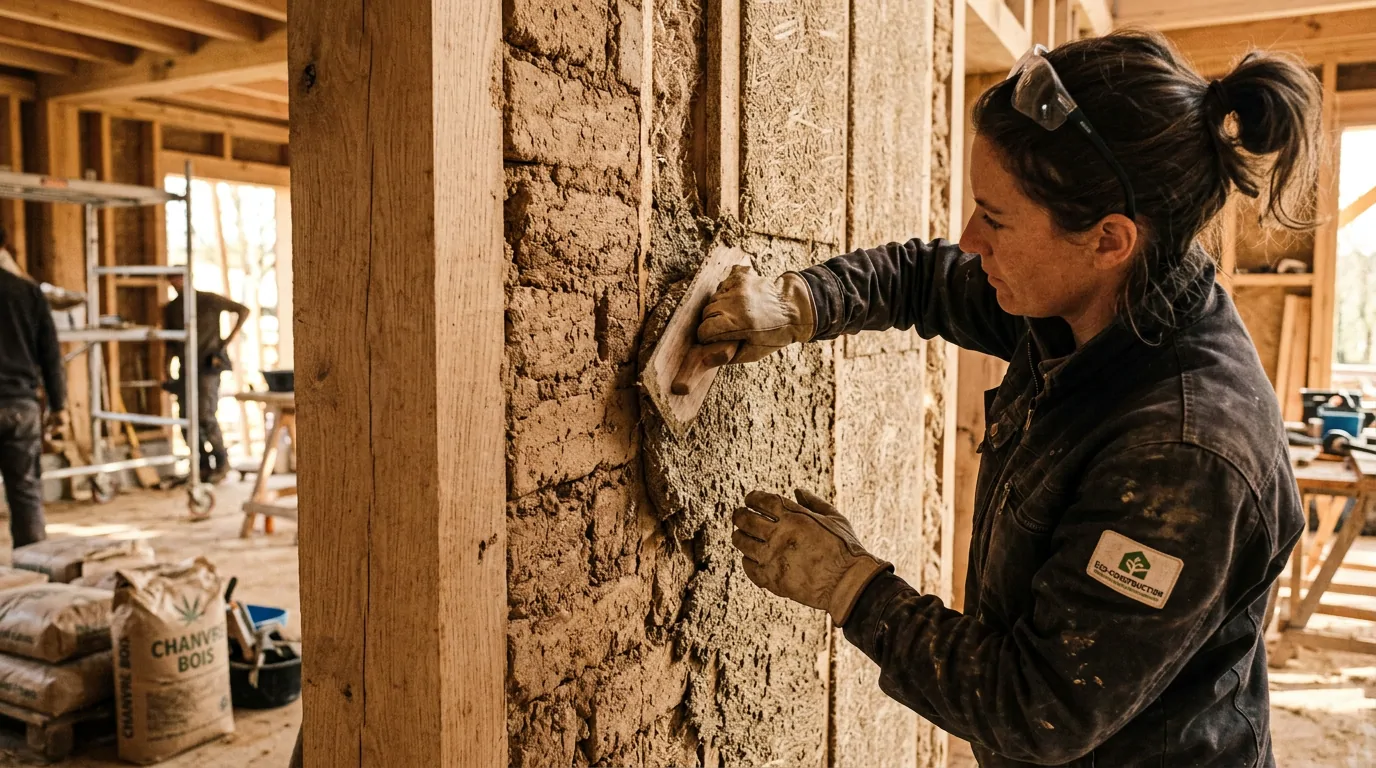 Artisane lissant à la taloche un mur en béton de chanvre entre des poteaux en bois, sacs de chanvre au sol sur le chantier