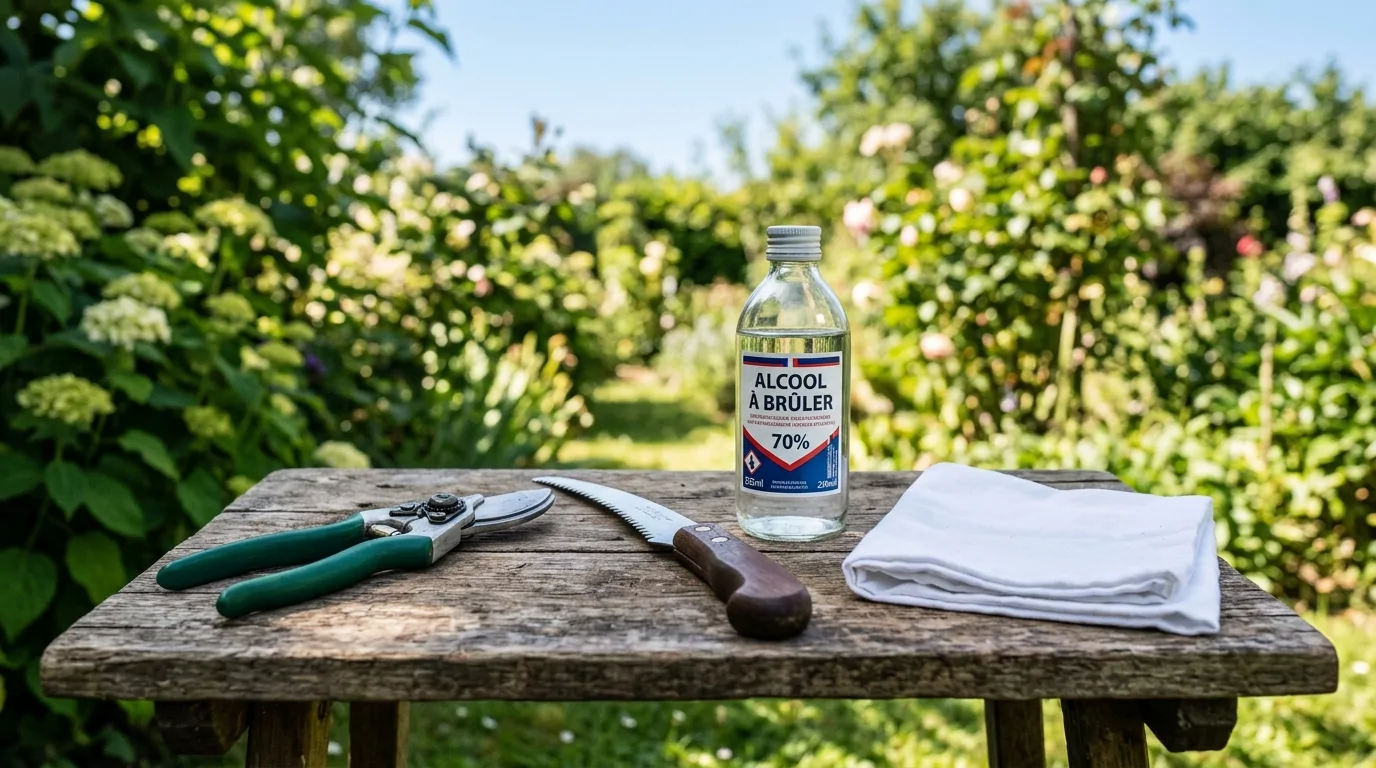 Sécateur, serpette, flacon d'alcool à brûler à 70 % et chiffon blanc posés sur une table de jardin en bois