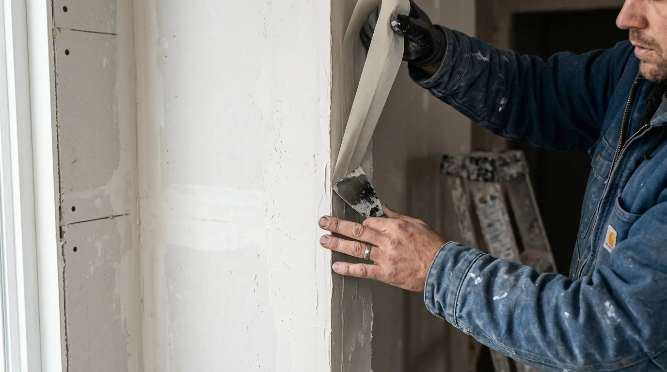 Plaquiste marouflant au couteau à enduire une bande papier pliée dans l'angle rentrant d'une cloison en plaques de plâtre