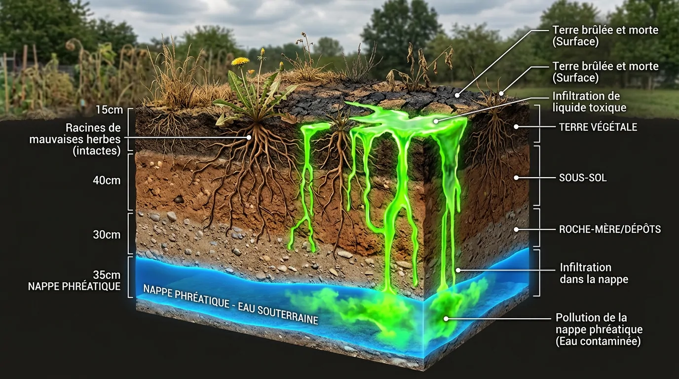 Schéma 3D de l'infiltration de l'acide chlorhydrique dans le sol et les nappes phréatiques