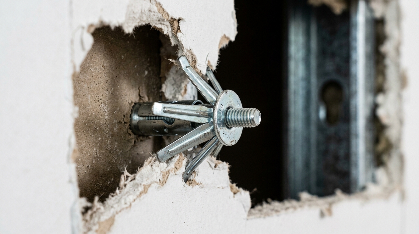 Cheville métallique à expansion type Molly déployée derrière une plaque de plâtre