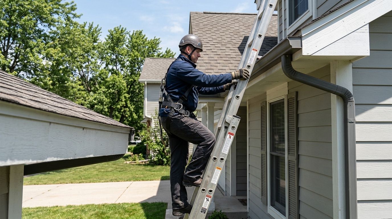 Échelle en aluminium correctement sécurisée et dépassant du bord du toit