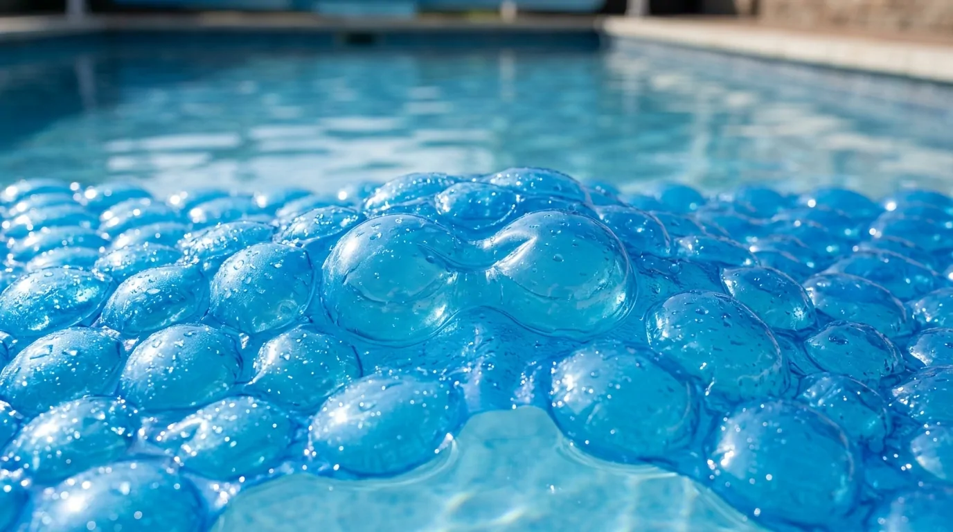 Gros plan sur les alvéoles bleues d'une bâche à bulles flottant sur l'eau d'une piscine, certaines en forme de huit