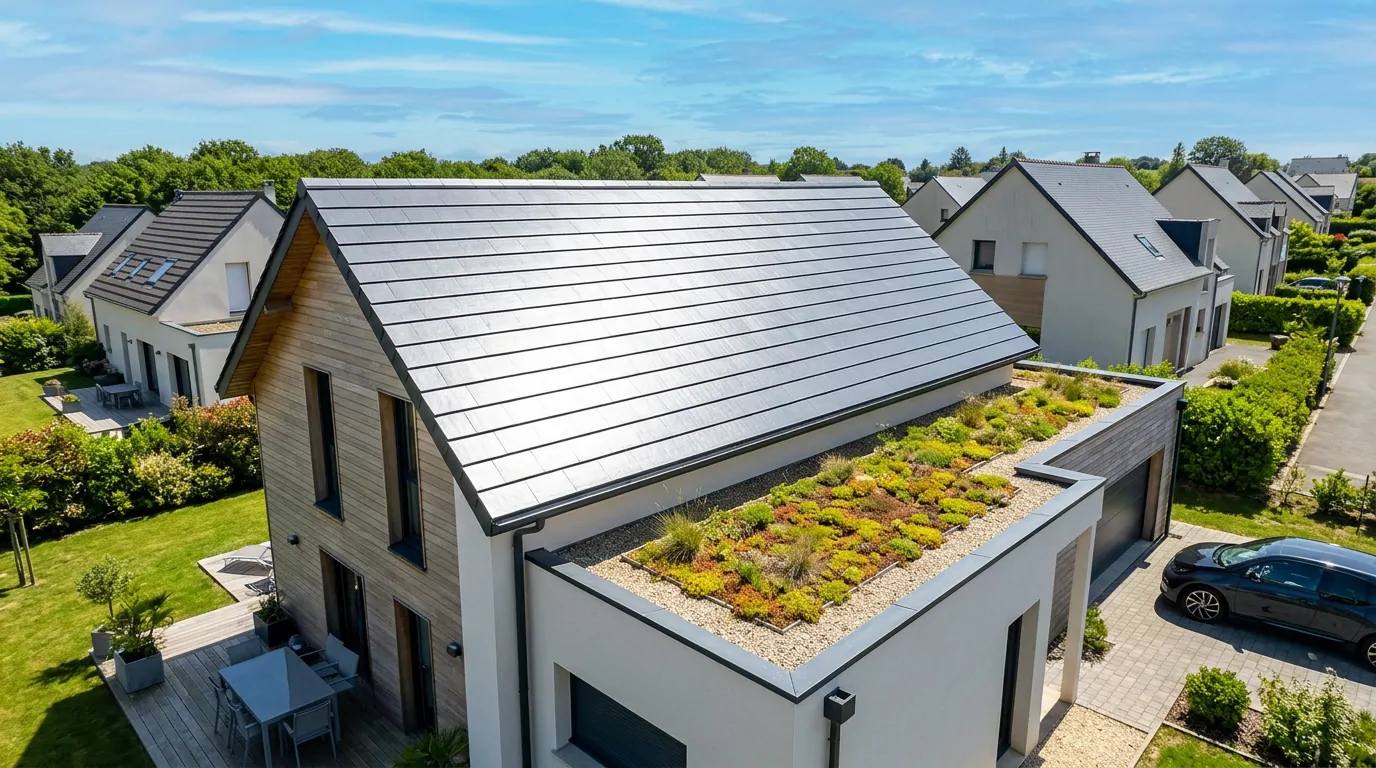 Maison à bardage bois vue du ciel, toit couvert de tuiles solaires sombres et extension au toit végétalisé de sédums