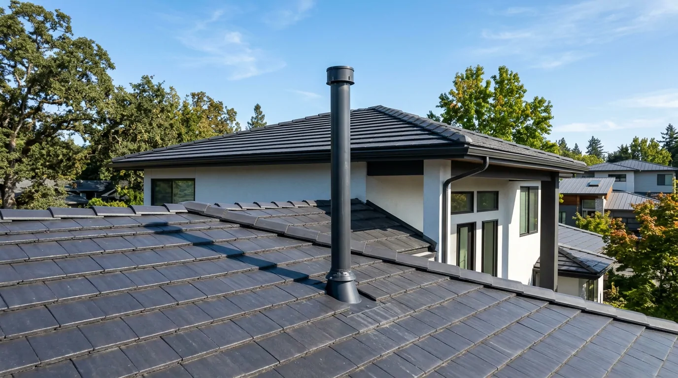 Conduit noir de ventilation primaire sortant d'une toiture en tuiles plates grises sur une maison moderne