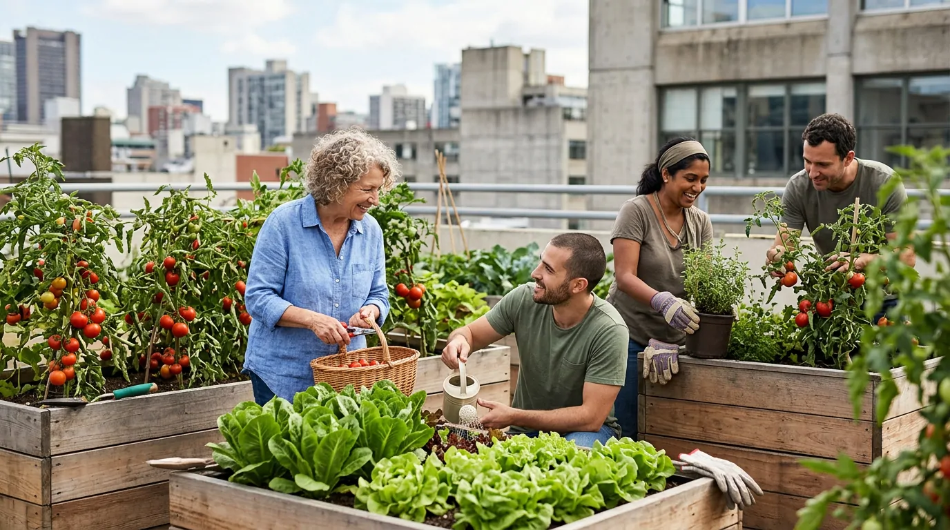 Habitants récoltant tomates et salades dans les bacs en bois d'un potager sur le toit d'un immeuble, entourés de tours