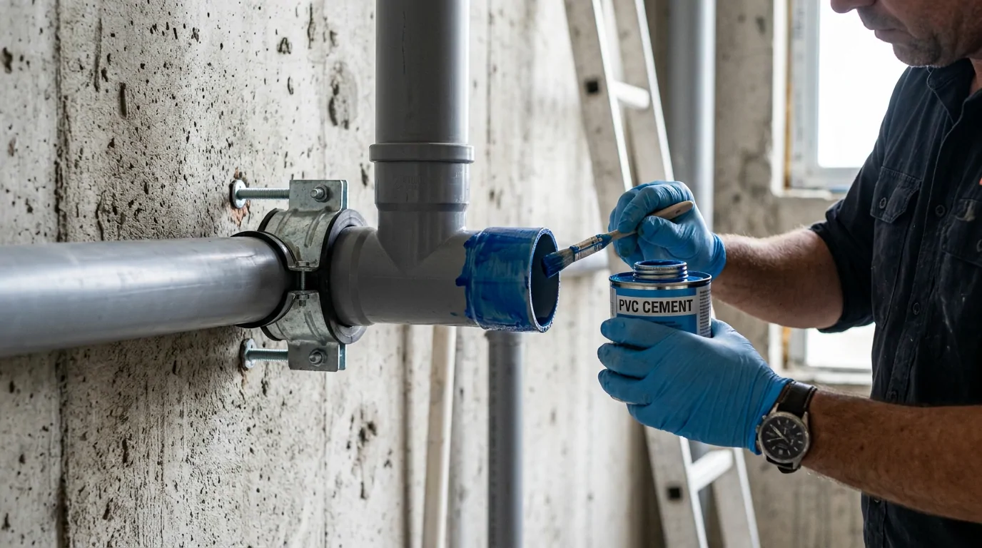 Plombier ganté enduisant de colle PVC l'emboîture d'un té fixé au mur béton par un collier de supportage
