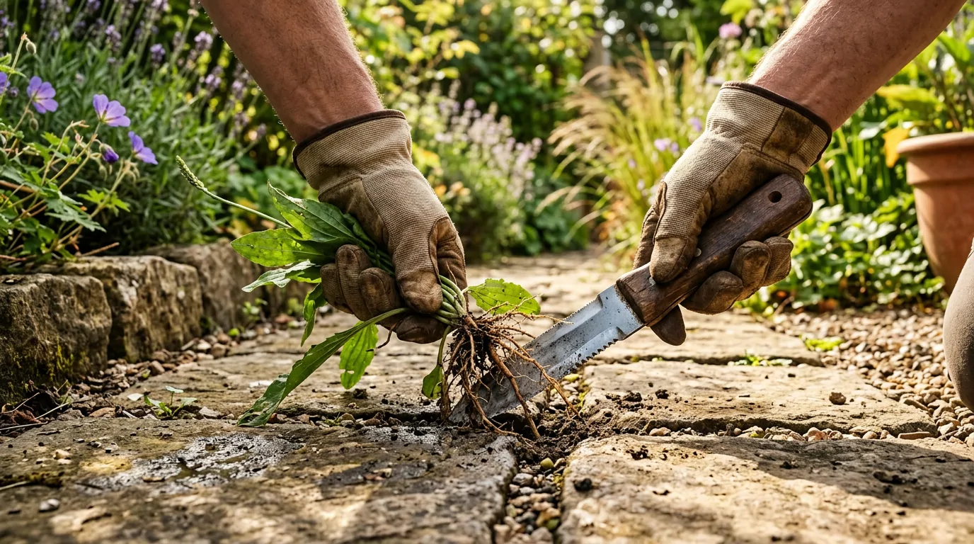 Mains gantées extrayant au couteau désherbeur une mauvaise herbe et ses racines entre les dalles d'une allée en pierre