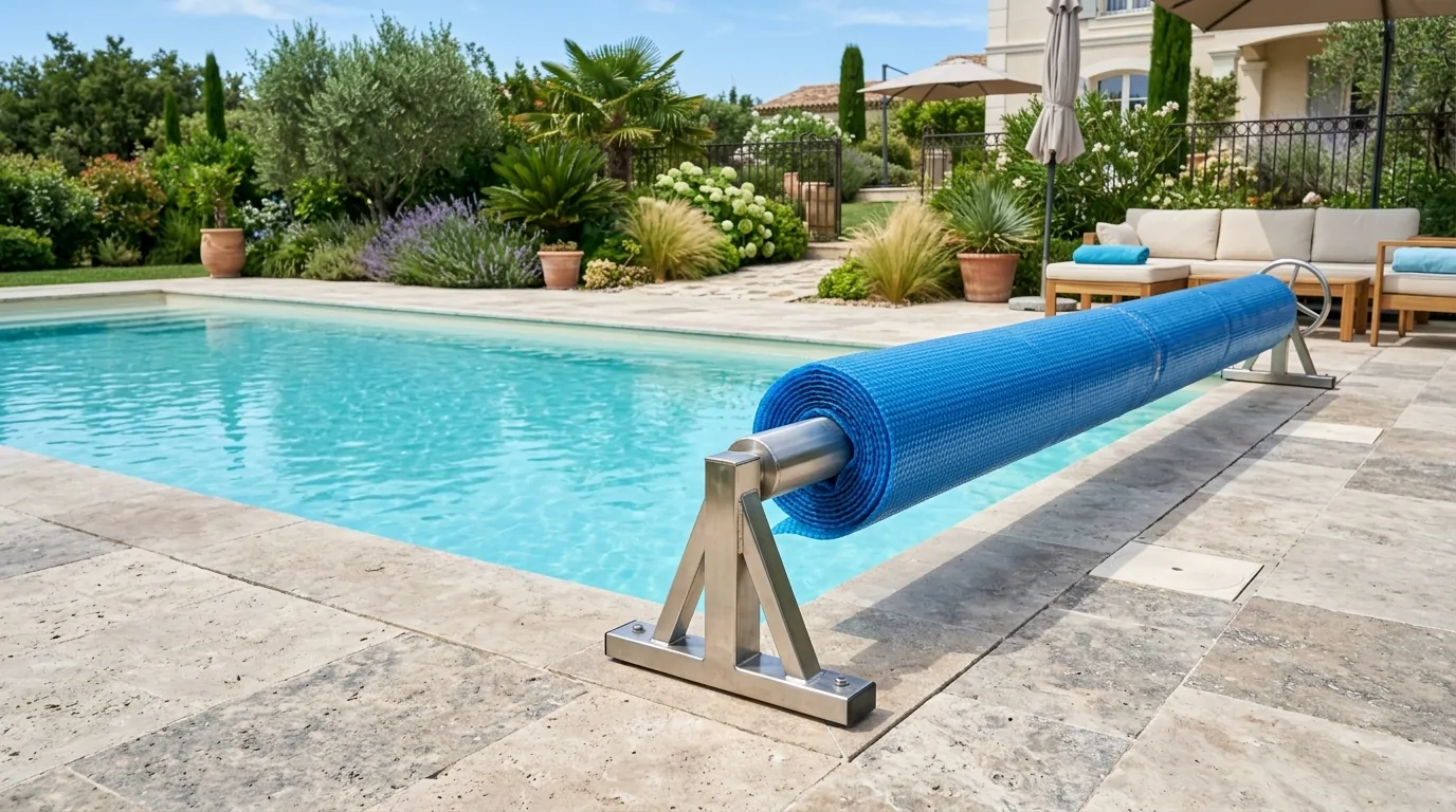 Enrouleur en acier inoxydable avec une bâche à bulles bleue enroulée au bord d'une piscine