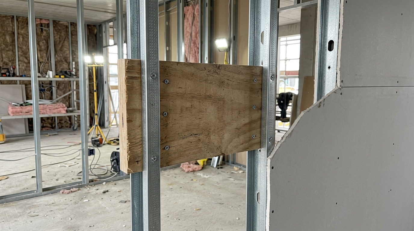 Renfort en contreplaqué vissé entre deux montants métalliques d'une cloison