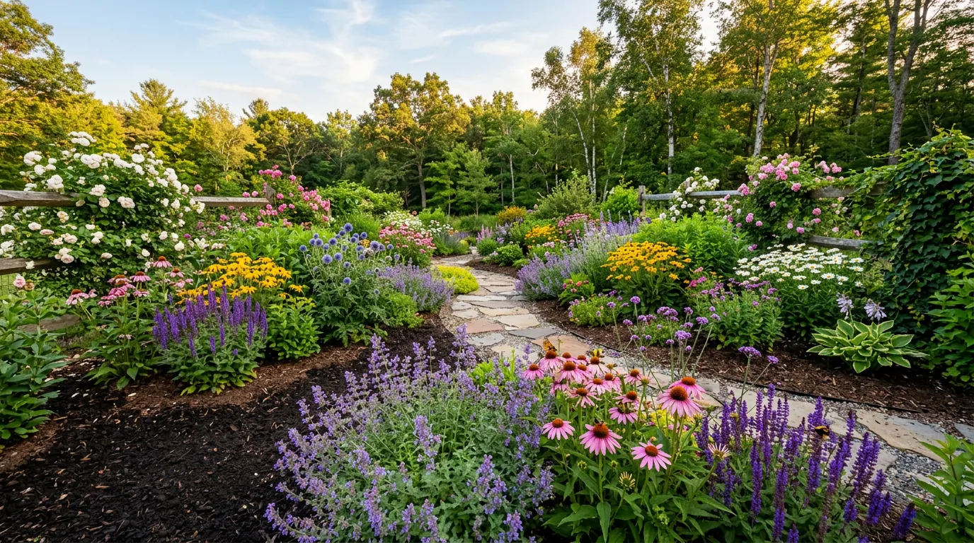 Massifs paillés d'échinacées roses, de fleurs violettes en épis et de rosiers le long d'une allée en dalles de pierre