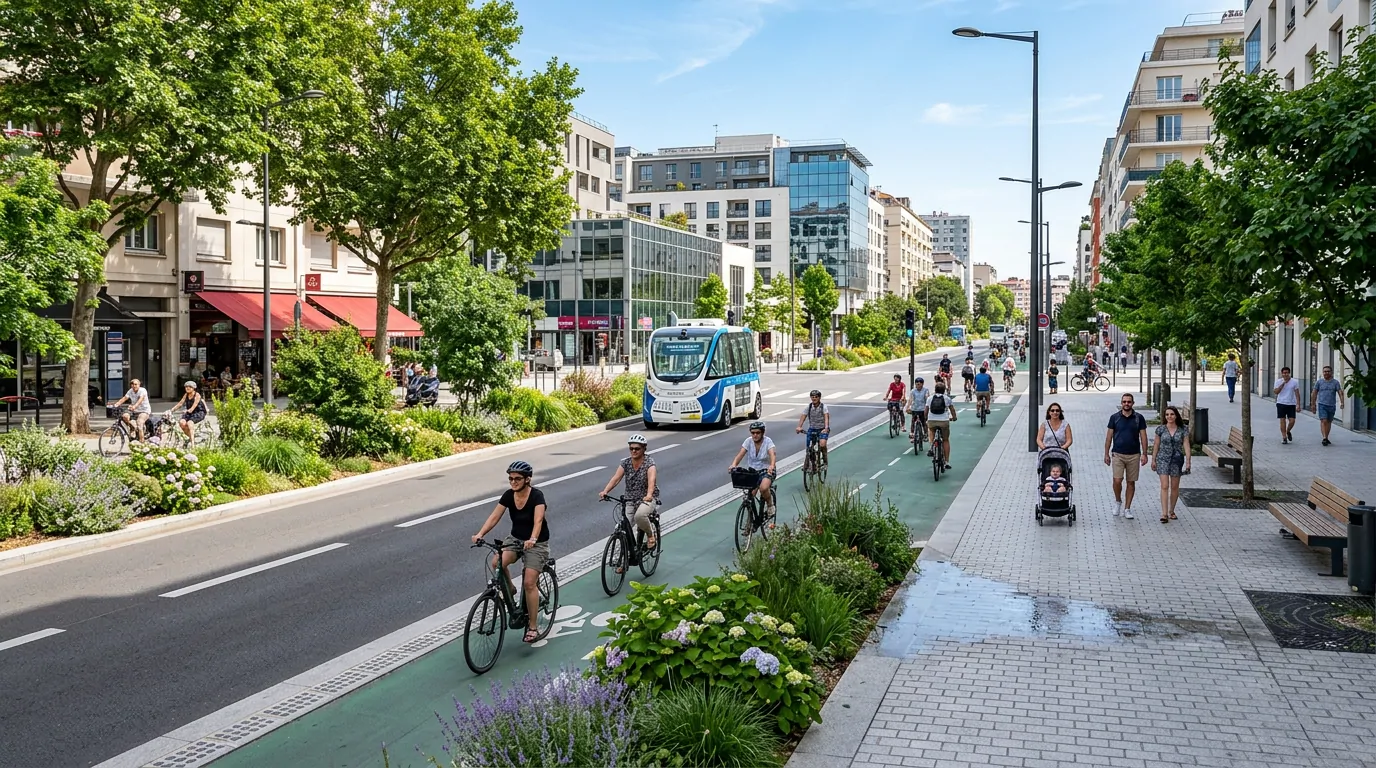 Avenue avec une piste cyclable verte bordée de massifs fleuris, des cyclistes, une navette et un large trottoir piéton