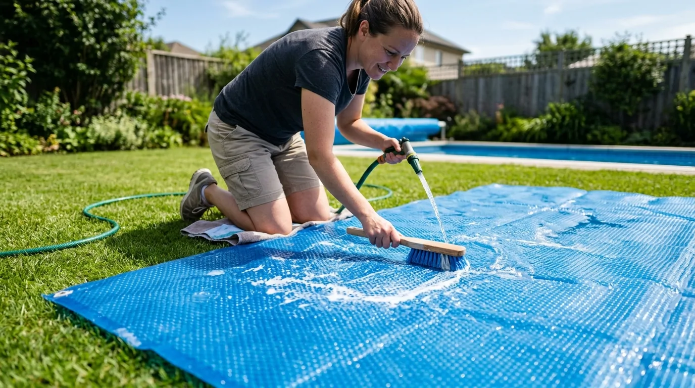 Nettoyage doux d'une bâche à bulles de piscine avec une brosse et un jet d'eau sur une pelouse