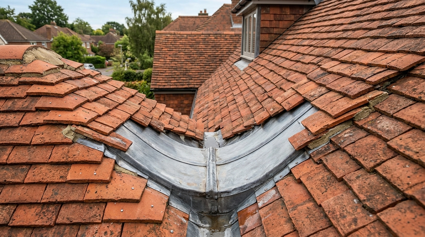 Détail d'une noue de toit et de la zinguerie fragile à éviter lors des déplacements