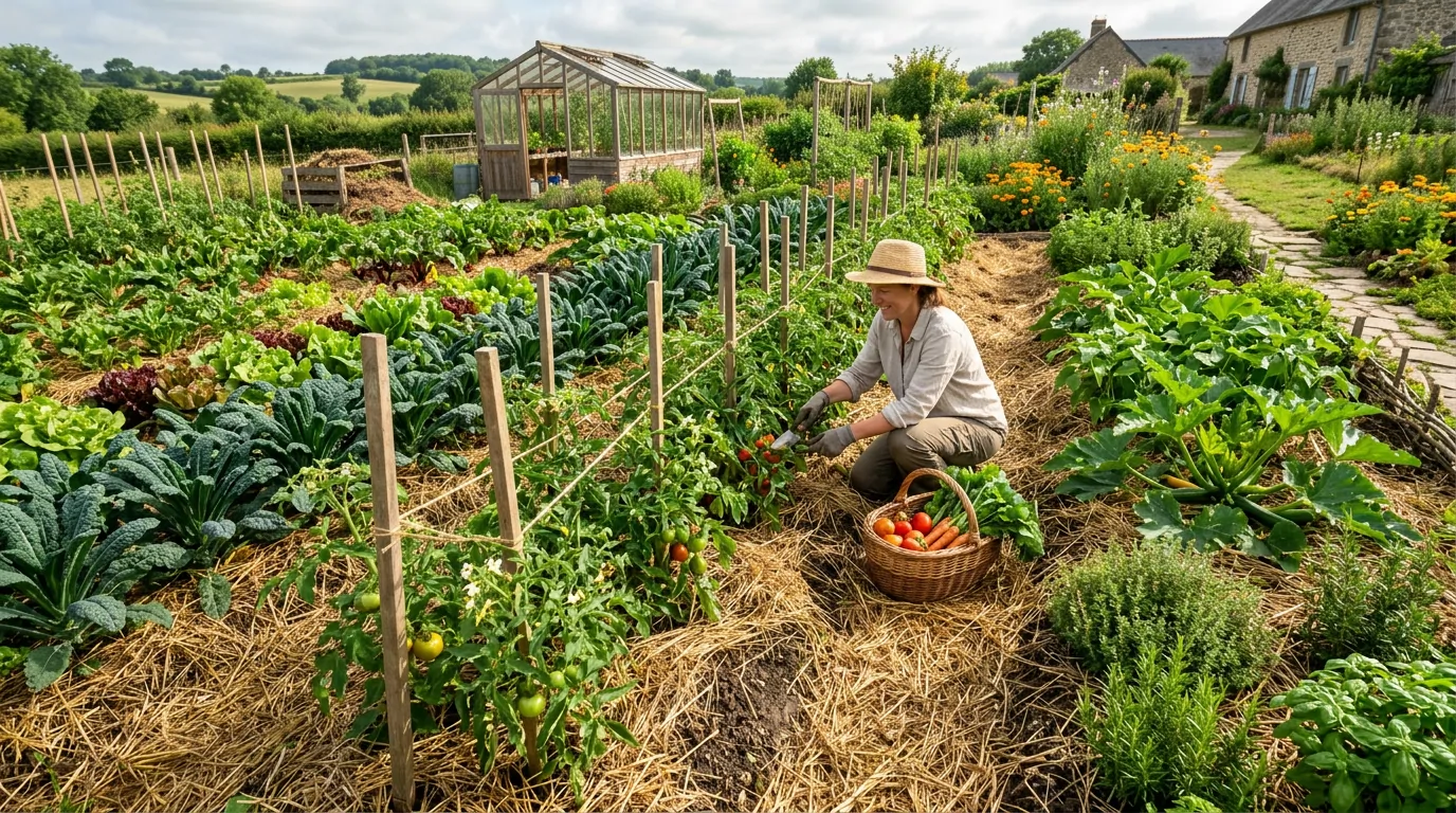 Jardinière cueillant des tomates dans un potager couvert d'un épais paillage de paille, avec des choux et une serre au fond